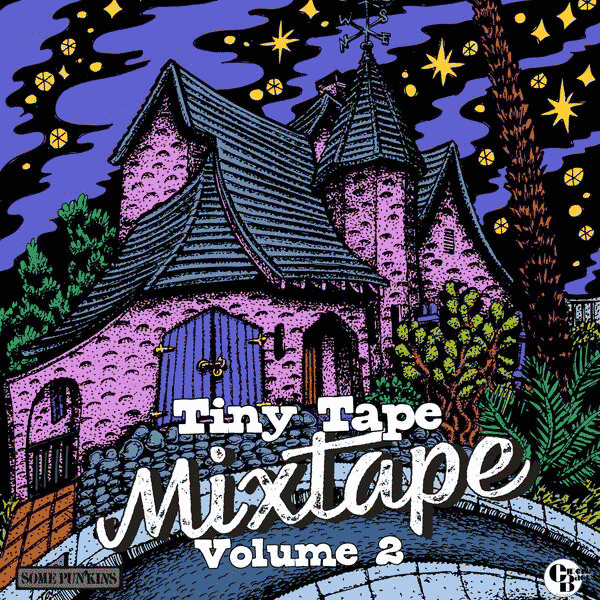 Album cover for Tiny Tape Mixtape Volume 2. The image is a sketchy, linocut-style illustration featuring a purple and teal Tudor cottage surrounded by green foliage. There is a paved road and sidewalk in front of the house. Behind the house there is a background of blue and black clouds paired with gold-colored 8-pointed stars.